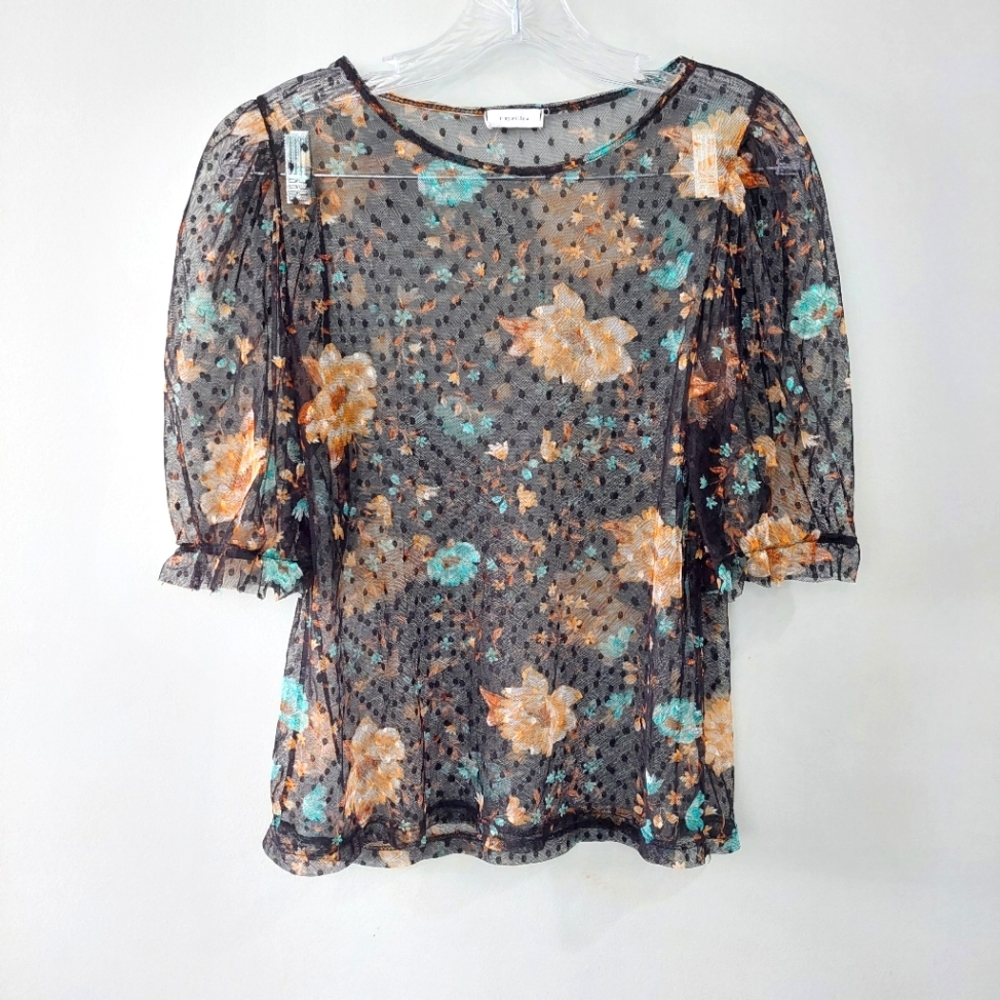 Tiny Willow sheer blouse Medium black tan blue foral polkadot pattern crew neck
